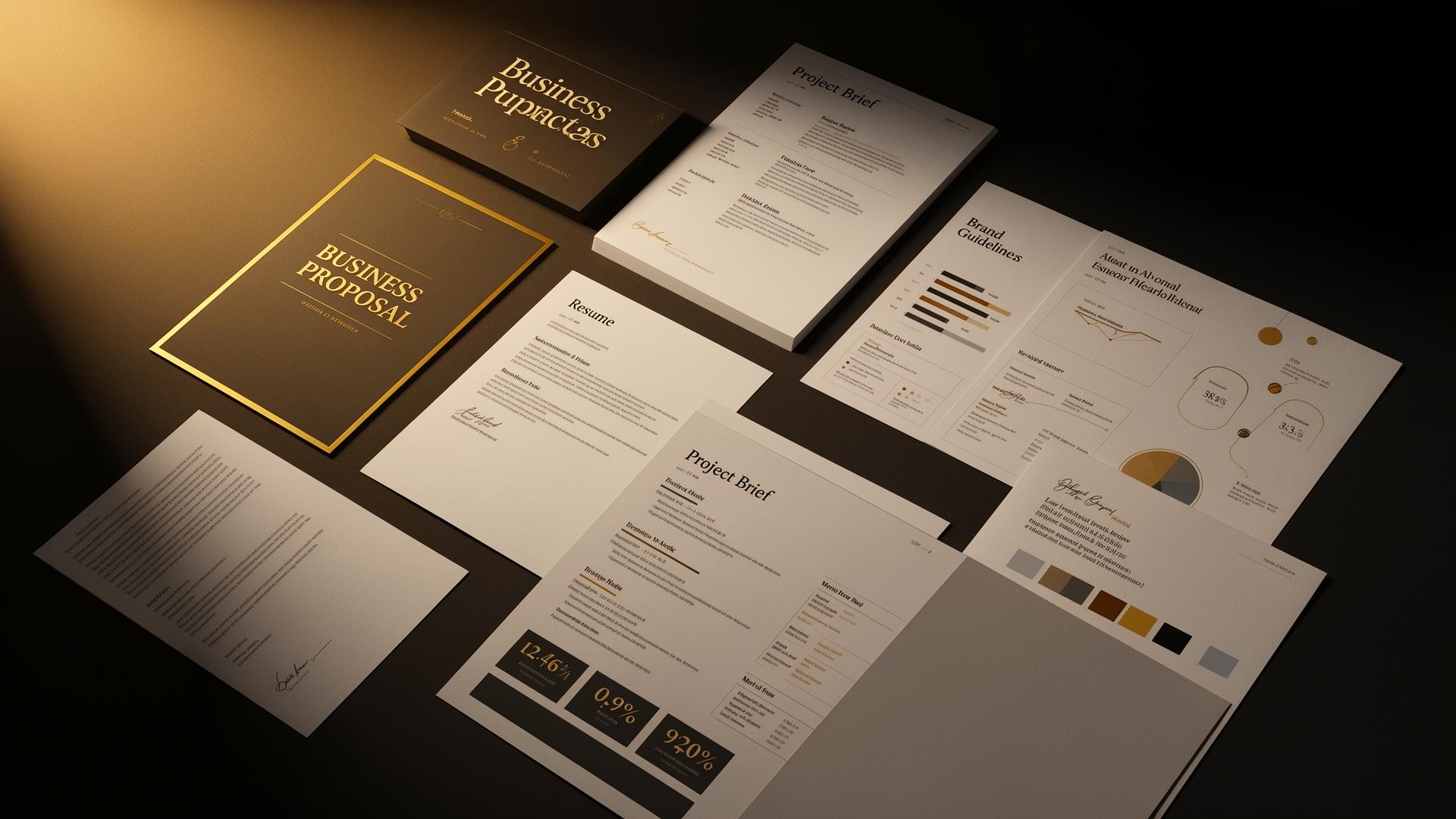 A flat-lay of premium Tempo Docs templates — business proposal, resume, project brief, and brand guidelines on a dark noir surface with gold accents.